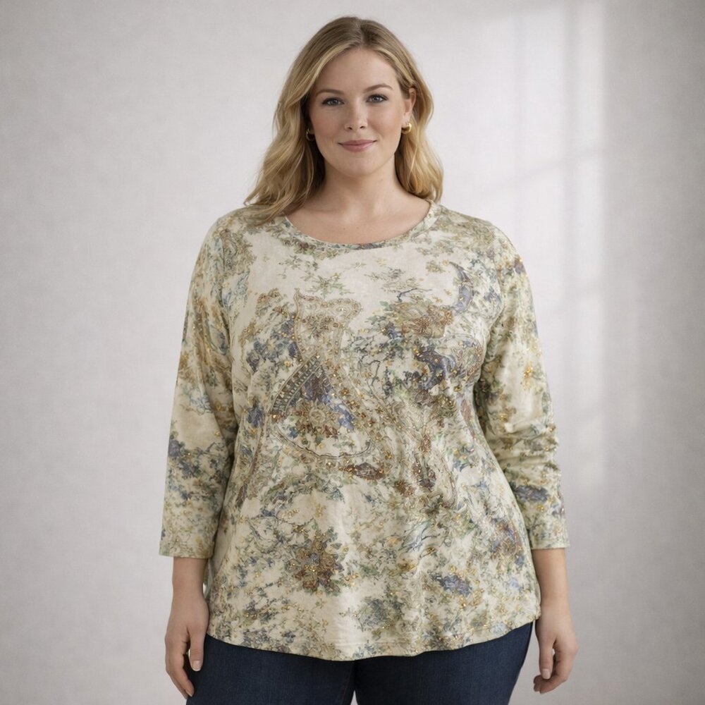 SONOMA XL Embellished Paisley Ribbed Knit Top 3/4 Sleeve Boho Shimmer